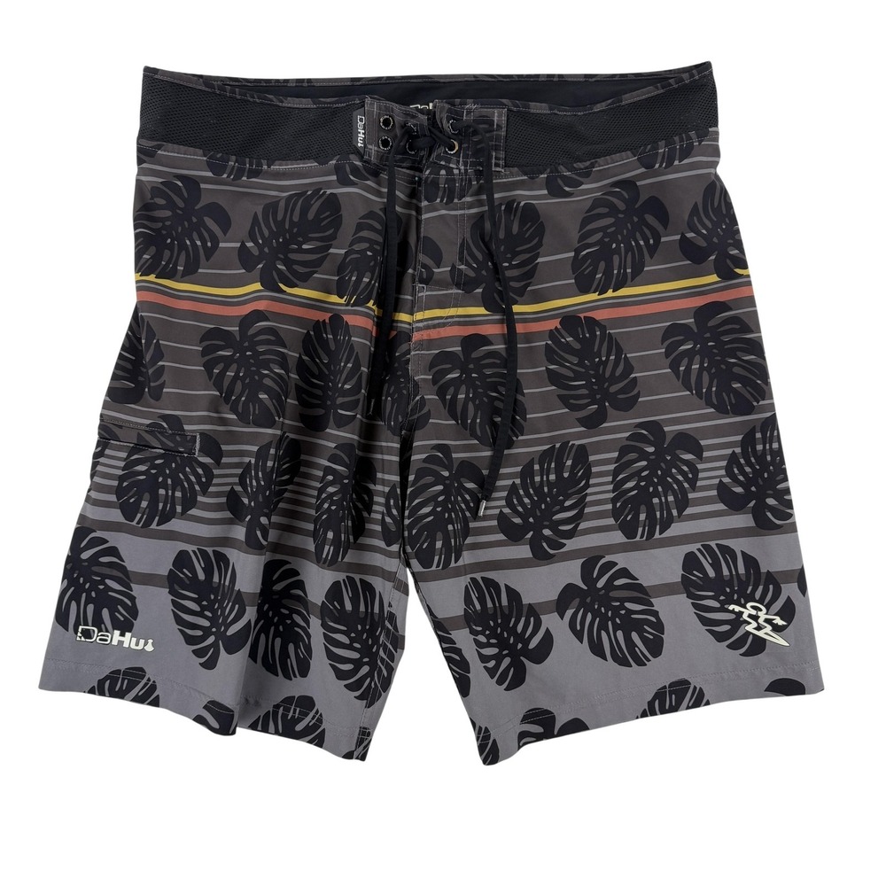 DaHui Board Shorts Mens 38 Gray Tropical Leaf Surf Swim Trunks Stretch Beach